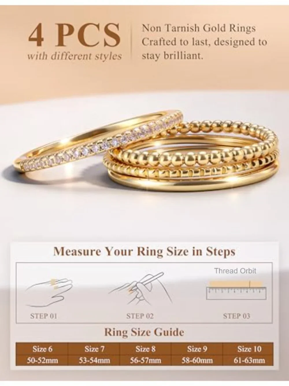 4Pcs Stackable Rings Set 14K Gold Plated Non Tarnish Thin Thumb Ring Knuckle
